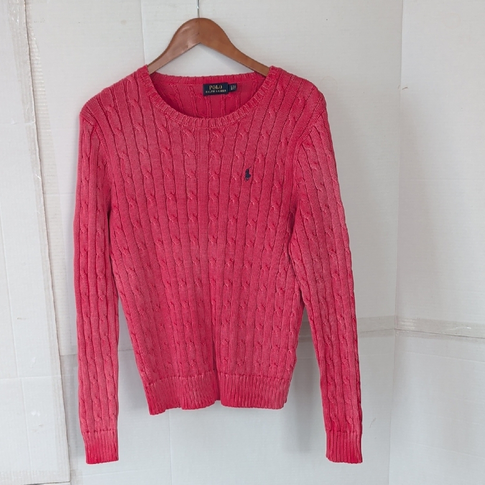 Polo by Ralph Lauren Women's Pink/Red Cable Knit Sweater SZ Large Old Money Chic